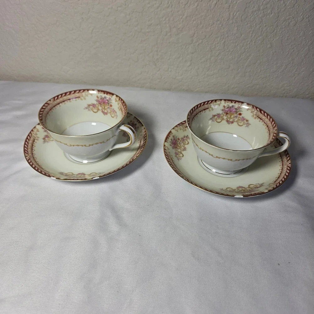 Noritake Vintage Teacup Saucer Set of 2 Floral Gold Trim Burgundy Made in Japan
